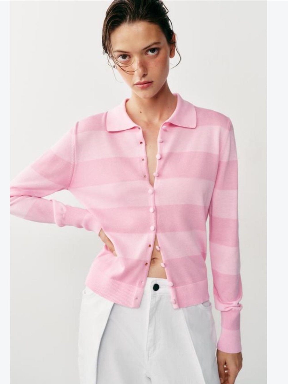 Zara Pink Striped Polo Cardigan